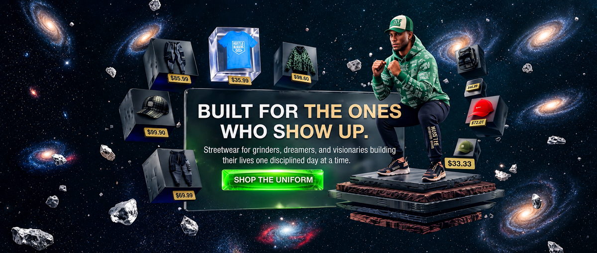 HUSTLE ALWAYS WINS A promotional banner for the Uniqlo Uniqlo GENTLE MONSTER collaboration, featuring a model in a green patterned hoodie and cap posing on a platform with floating product boxes set against a starry space background with galaxies. HUSTLE ALWAYS WINS
