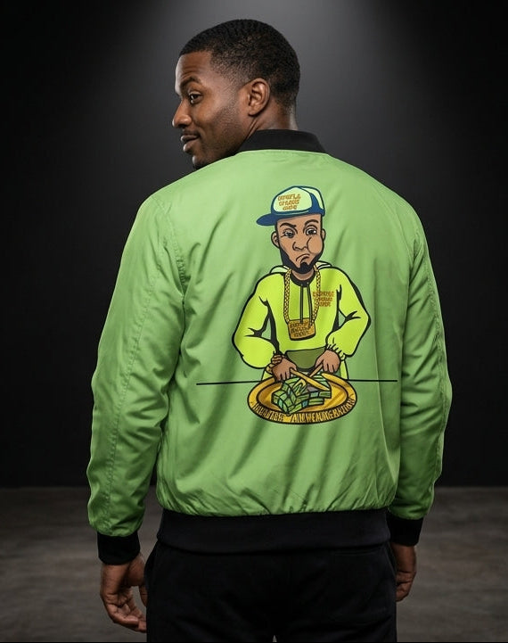 A man modeling a bright green bomber jacket in a studio setting, shown from both the front and back. The front features the text 'HUSTLE ALWAYS' in yellow, and the back displays a large cartoon illustration of a man wearing a green cap and yellow jacket.